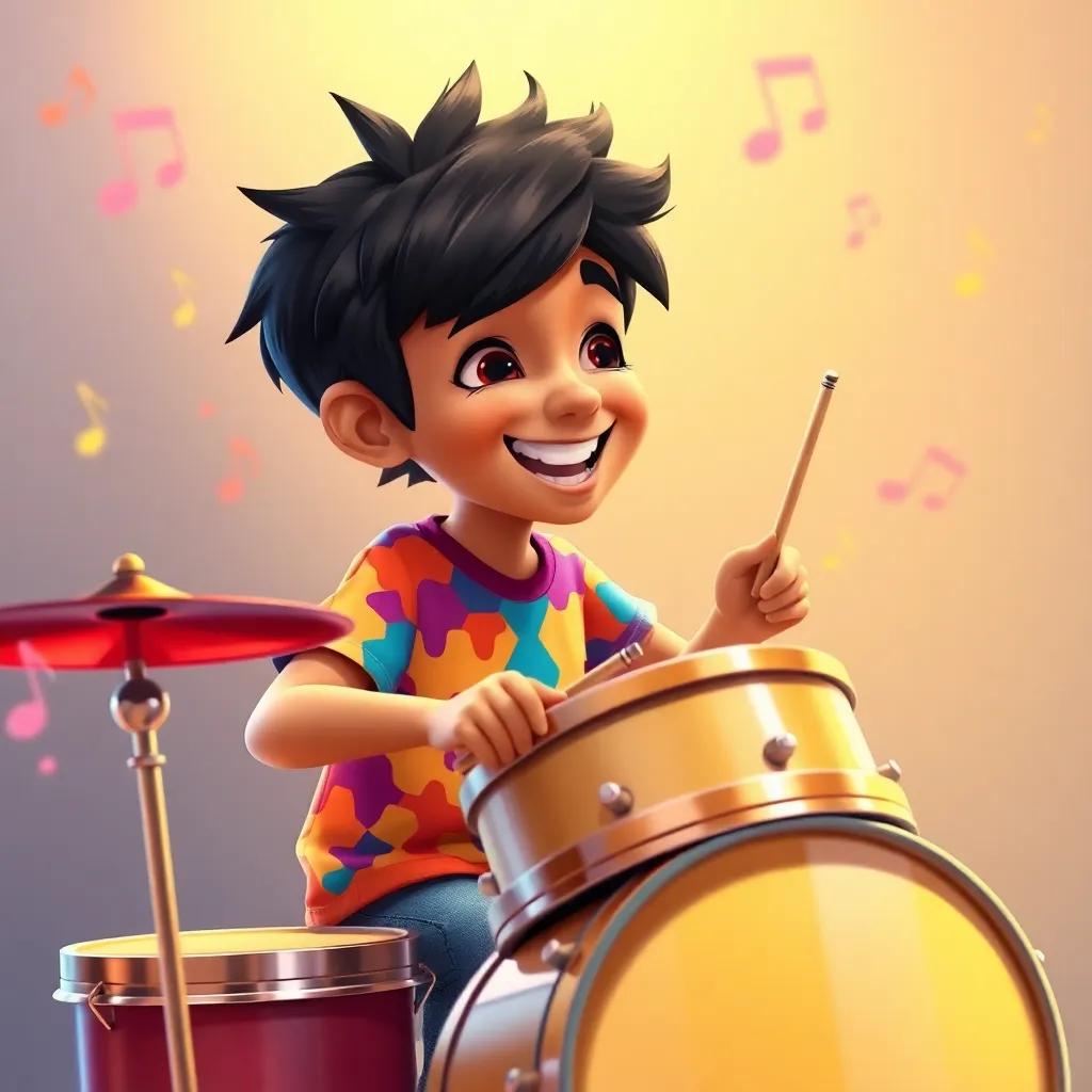 A boy named Sami, a young Arab boy with black hair wearing a colorful t-shirt and jeans, playing the drums passionately with joy in his eyes, surrounded by colorful musical notes, digital art, vibrant colors, energetic atmosphere, high quality