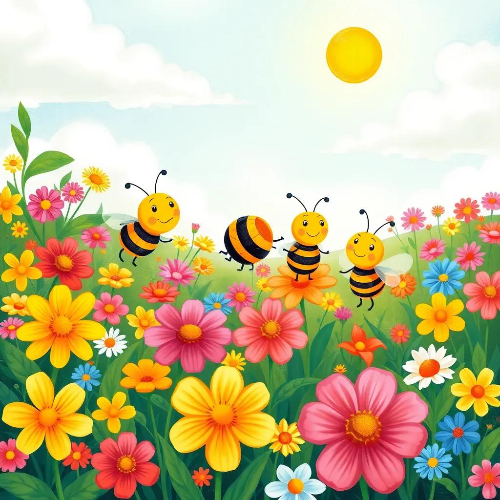 A beautiful garden full of colorful flowers, with three bees, Zeina, Majid, and Nada, buzzing happily among the flowers, under a bright sunny sky, illustration, vibrant colors, cheerful atmosphere, playful