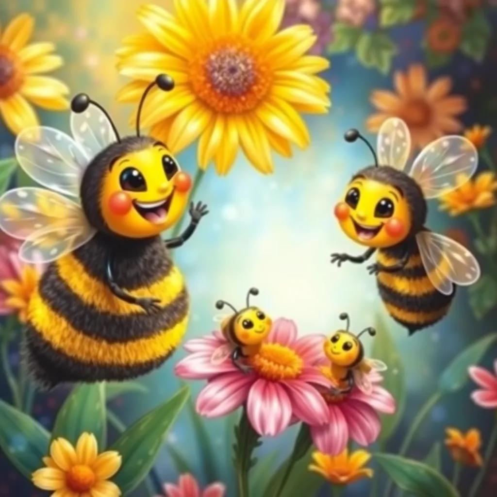 Three happy bees, Zeina, a cheerful bee with yellow stripes, Majid, a slightly bigger bee, and Nada, a small bee, gathering nectar from flowers, with a background of the colorful garden, joyful, bright light, capturing a moment of friendship