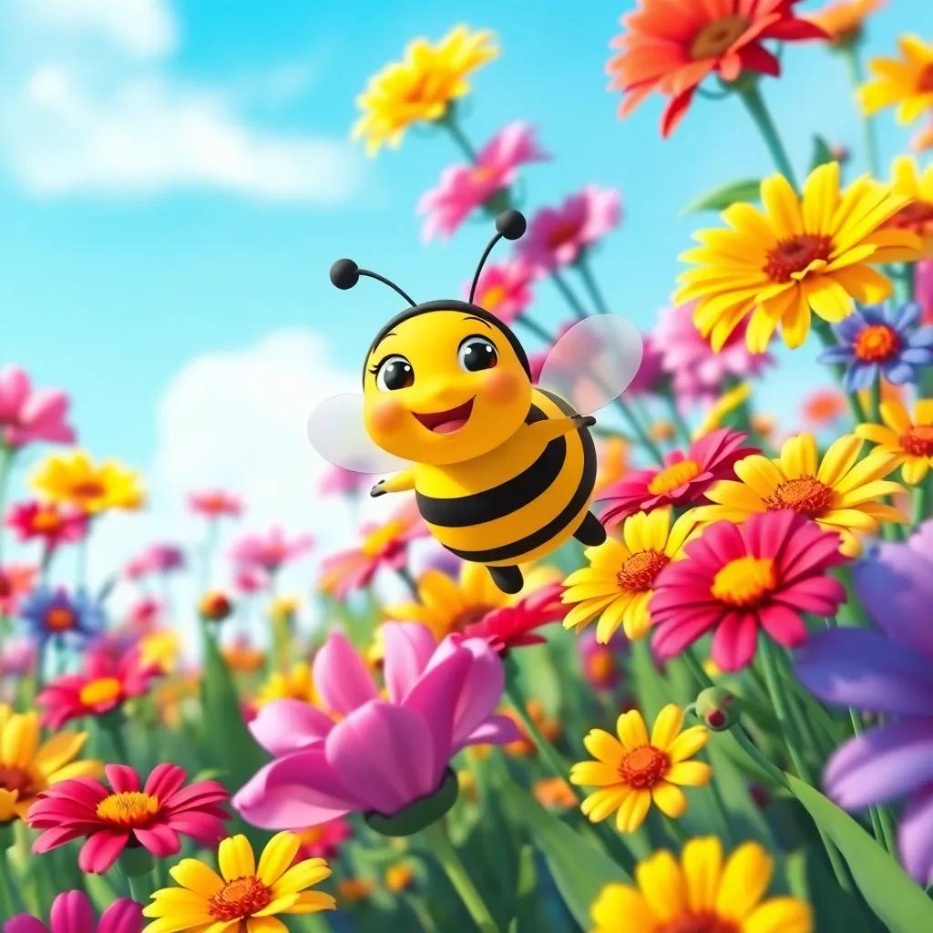 A beautiful flower field with colorful flowers, a small bee named Leila, flying joyfully among the flowers with a bright blue sky, vibrant colors, cheerful atmosphere, happy mood, detailed illustration