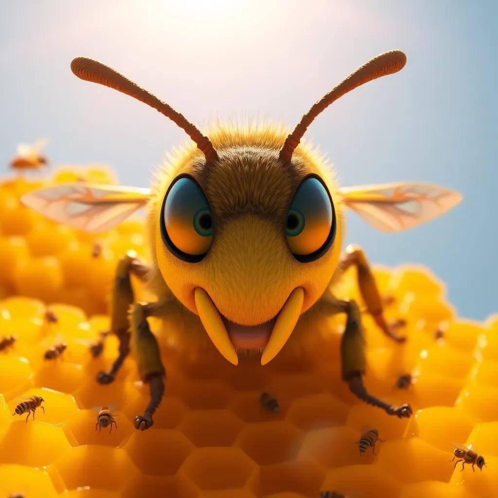 A shiny golden honeycombs under the sun, with a big hornet with expressive eyes, looking fiercely, surrounded by small bees, bright light, sunny day, vivid colors, close-up view, cartoon style