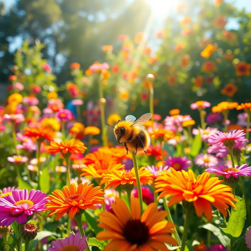 A colorful garden with various flowers, a small bee named Lulu buzzing happily, bright sunlight shining down, digital art, vibrant colors, cheerful atmosphere, high quality