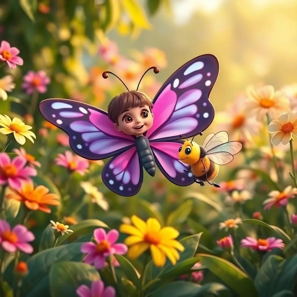 A beautiful butterfly named Dora dancing in the garden with Lulu the bee, surrounded by blooming flowers and green leaves, joyful and inviting scene, warm light, child-friendly illustration, high quality