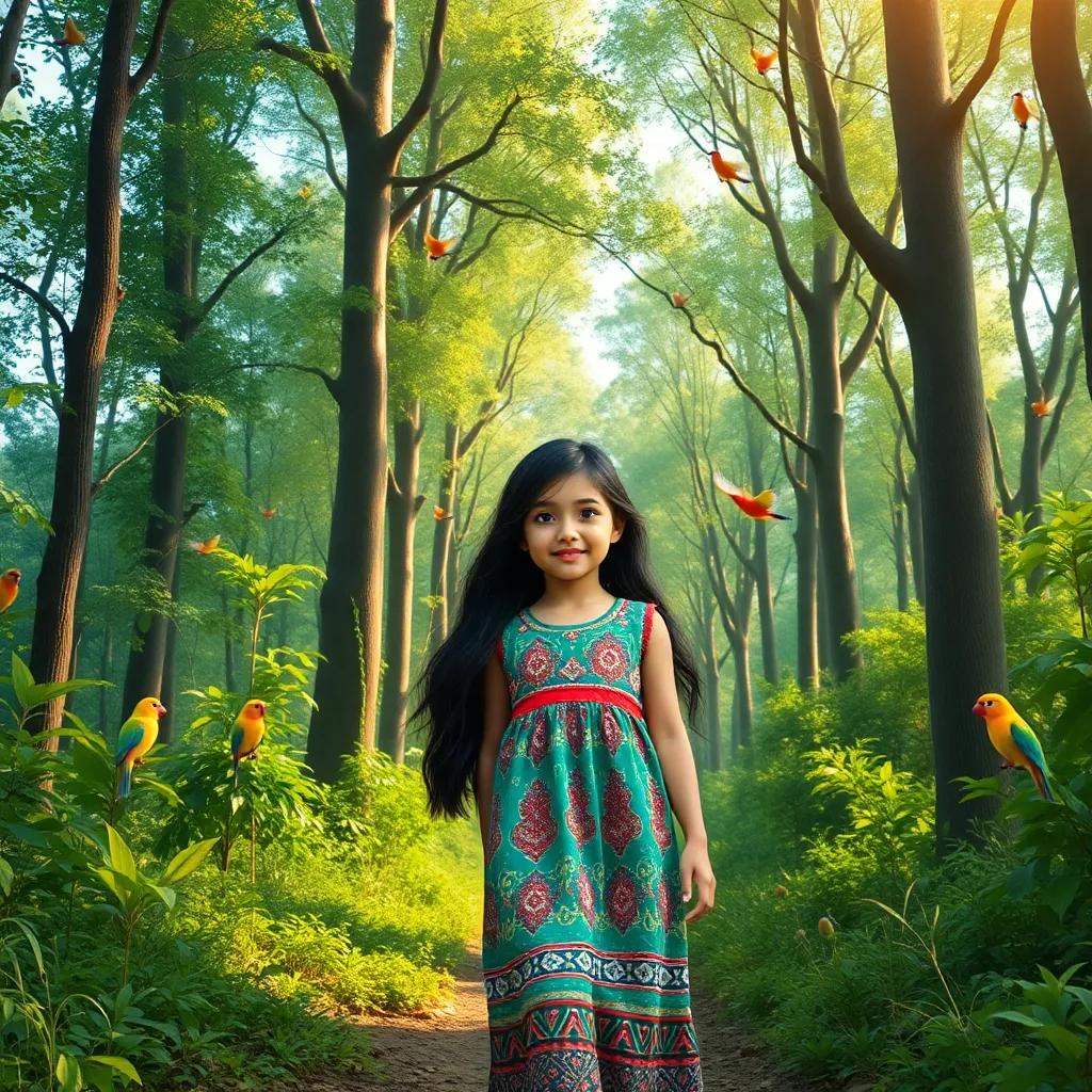 A young Arab girl, Zainab, with long, black hair, wearing a colorful dress, walking in a lush forest filled with tall green trees and colorful birds, vibrant and cheerful, digital art, bright lighting, warm colors, engaging perspective, high quality