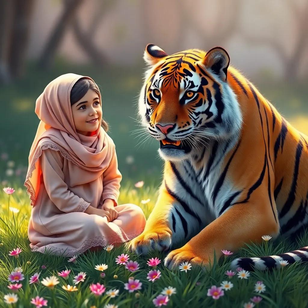 Zainab, the young girl, asks the Arabian tiger about his diet, sitting on a grassy patch with flowers, curious and amazed expression, bright surroundings, playful atmosphere, digital painting, vivid colors, engaging scene, high quality