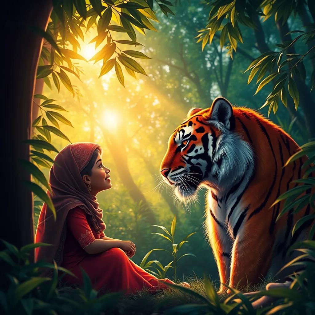 A beautiful day in the forest with Zainab and the tiger discussing, sunlight piercing through the leaves, creating a magical aura, joyful moment, colorful artwork, warm tones, harmonious atmosphere, high quality
