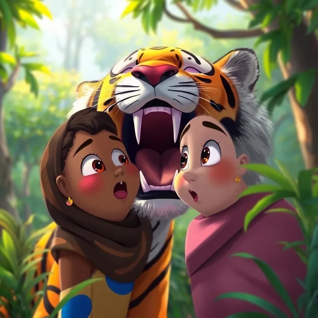 Zainab listening to the tiger roar, with a surprised expression, the background is alive with gentle forest sounds, vibrant and lively scenery, cartoonish style, colorful visuals, engaging energy, high quality