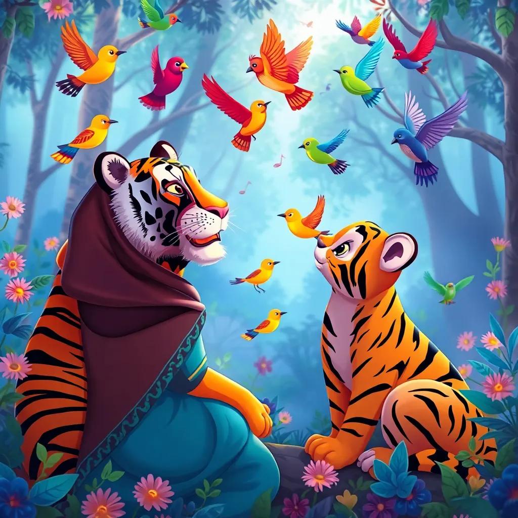 Zainab and the tiger watching beautiful birds sing, colorful birds flying around them in a lively forest, harmonious scene, cheerful setting, animated illustration, bright colors, playful design, high quality