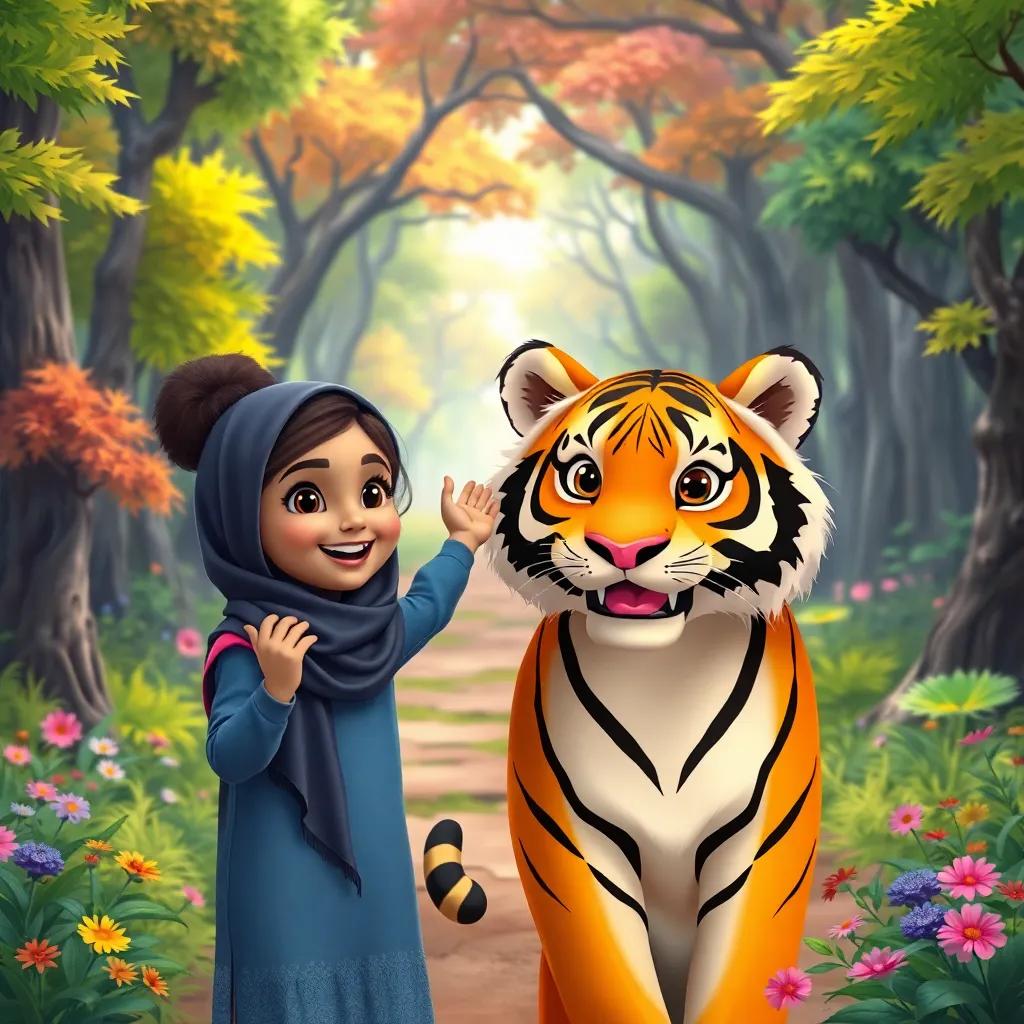 Zainab excitedly suggesting a tour with the tiger, standing in front of a stunning forest path, vibrant trees and flowers around them, child-friendly art style, colorful tone, inviting atmosphere, high quality