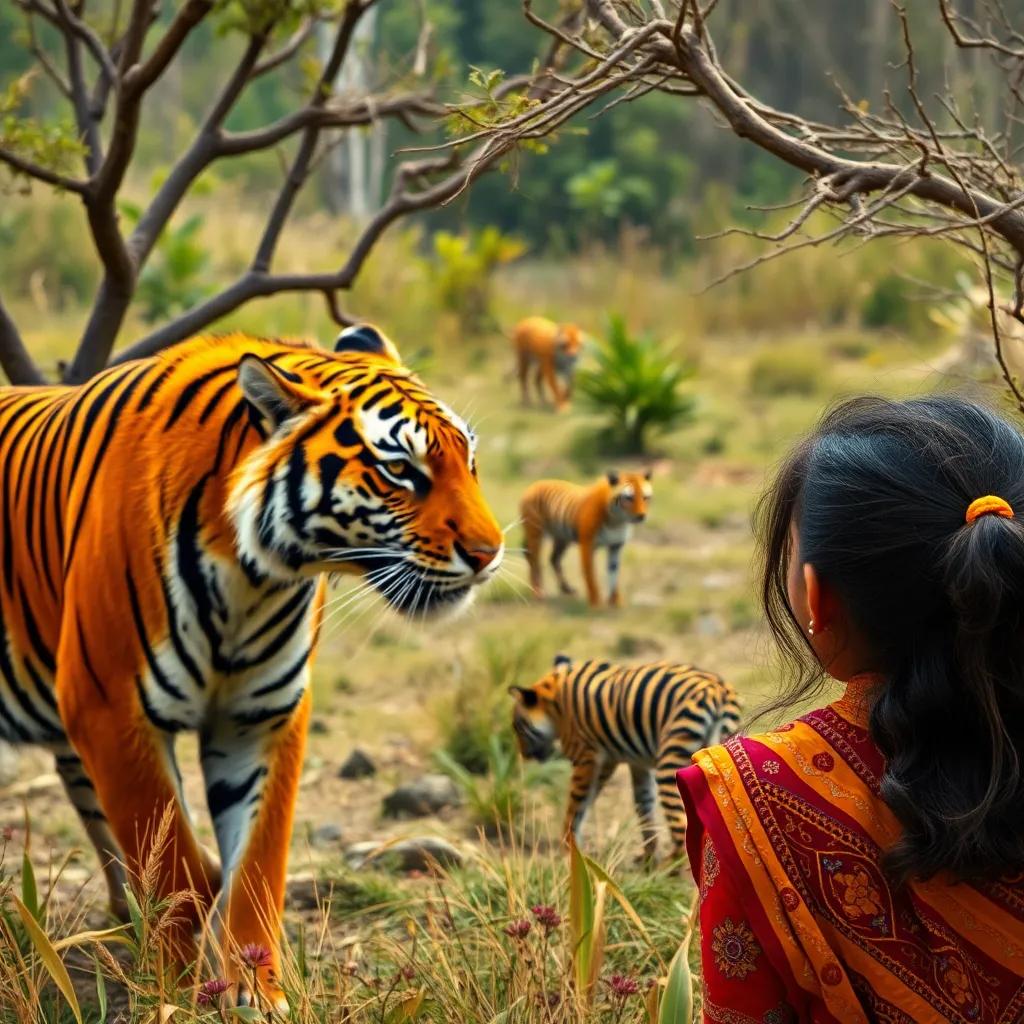 Zainab watching the tiger hunt with amazement, observing the wild animals in their natural habitat, exciting wilderness, captivating moment, animated scene, bright colors, engaging perspective, high quality