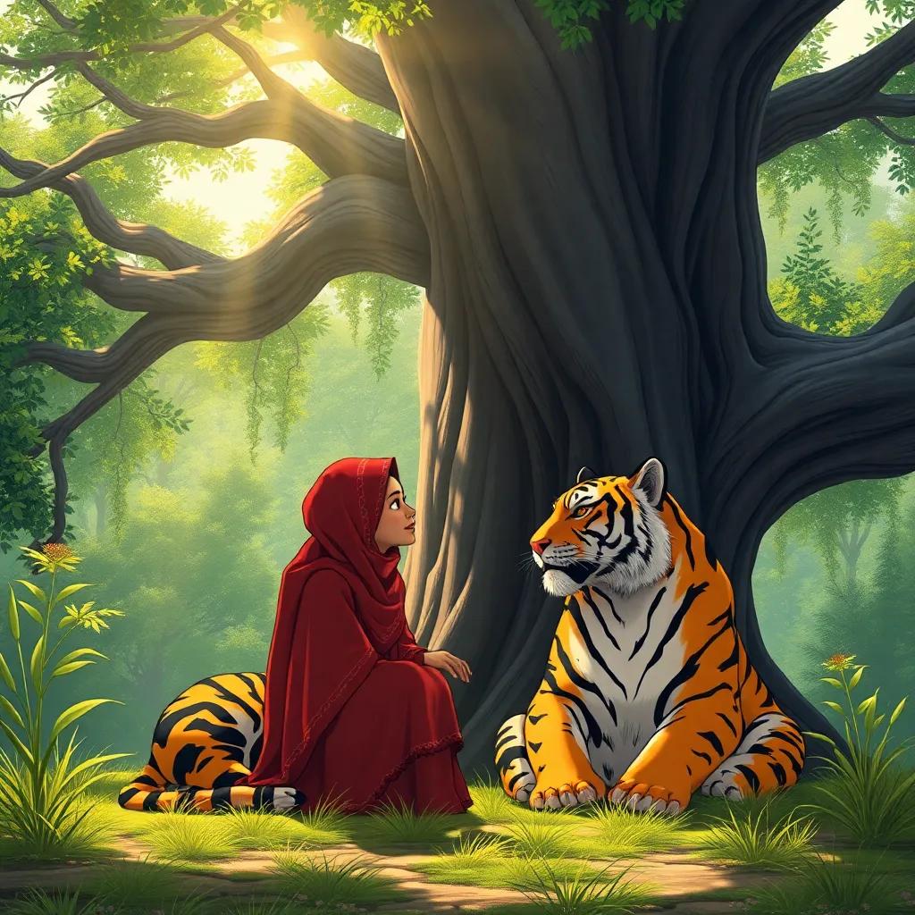 Zainab and the arabian tiger discussing the importance of protecting the forest, sitting beneath a grand tree with sunlight shining down, heartwarming moment, fantasy illustration, colorful details, enchanting view, high quality