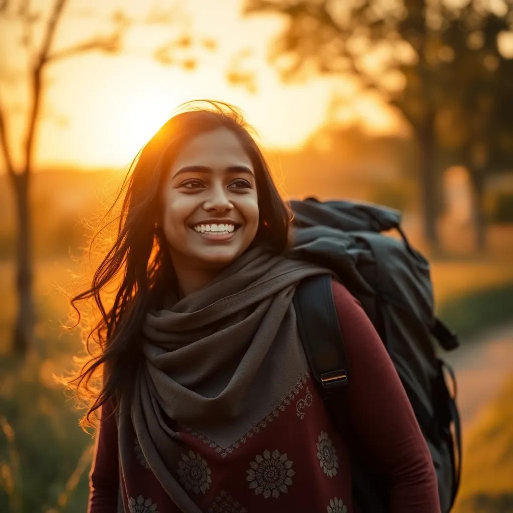 Zainab returning home with tales of her adventure, smiling brightly, the sun setting behind her with a golden hue, warm embrace of nature, heartwarming scene, beautiful digital art, soft colors, uplifting imagery, high quality