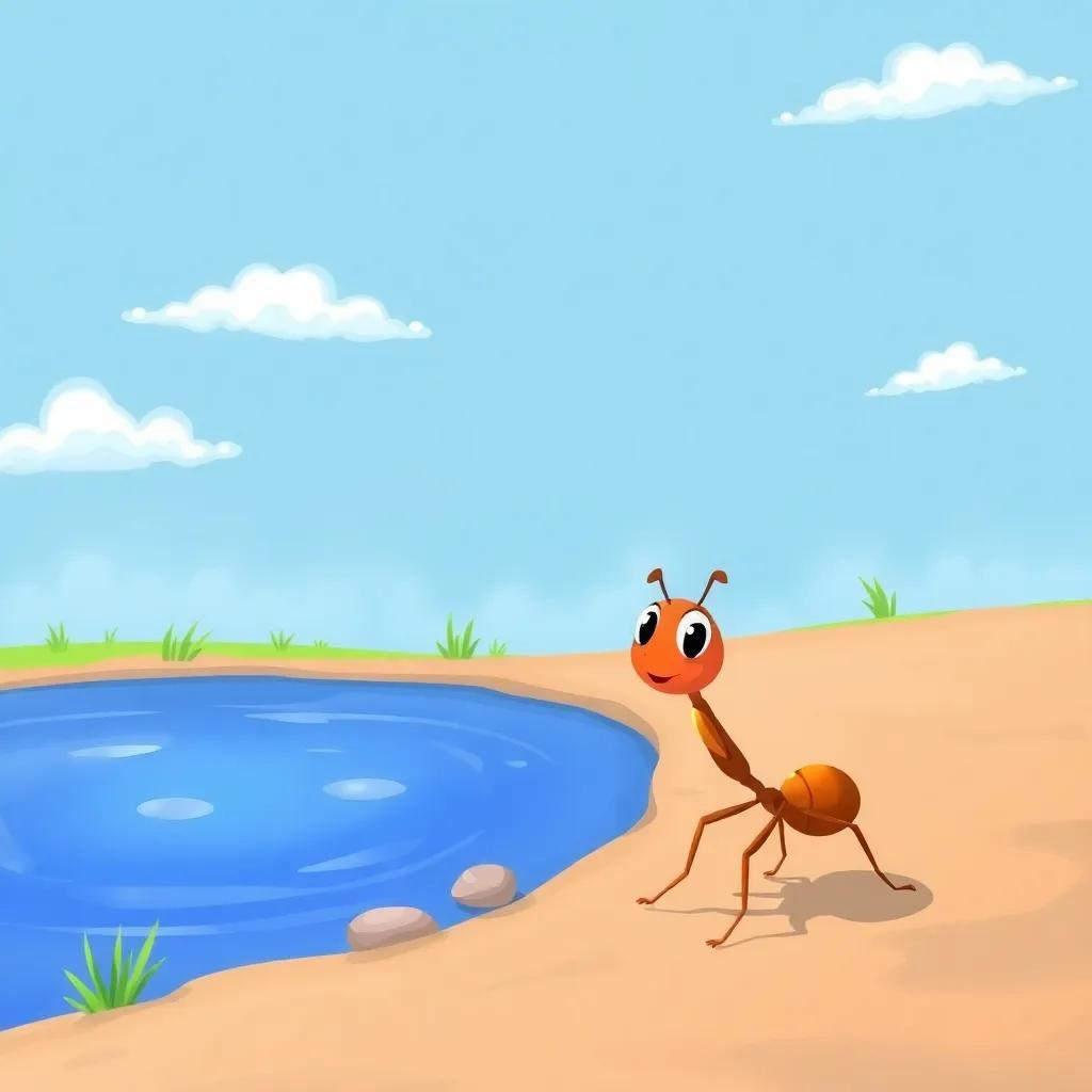 A small ant, with a determined look, walking toward a pond under a bright blue sky, cheerful atmosphere, colorful nature scene, digital art, high quality