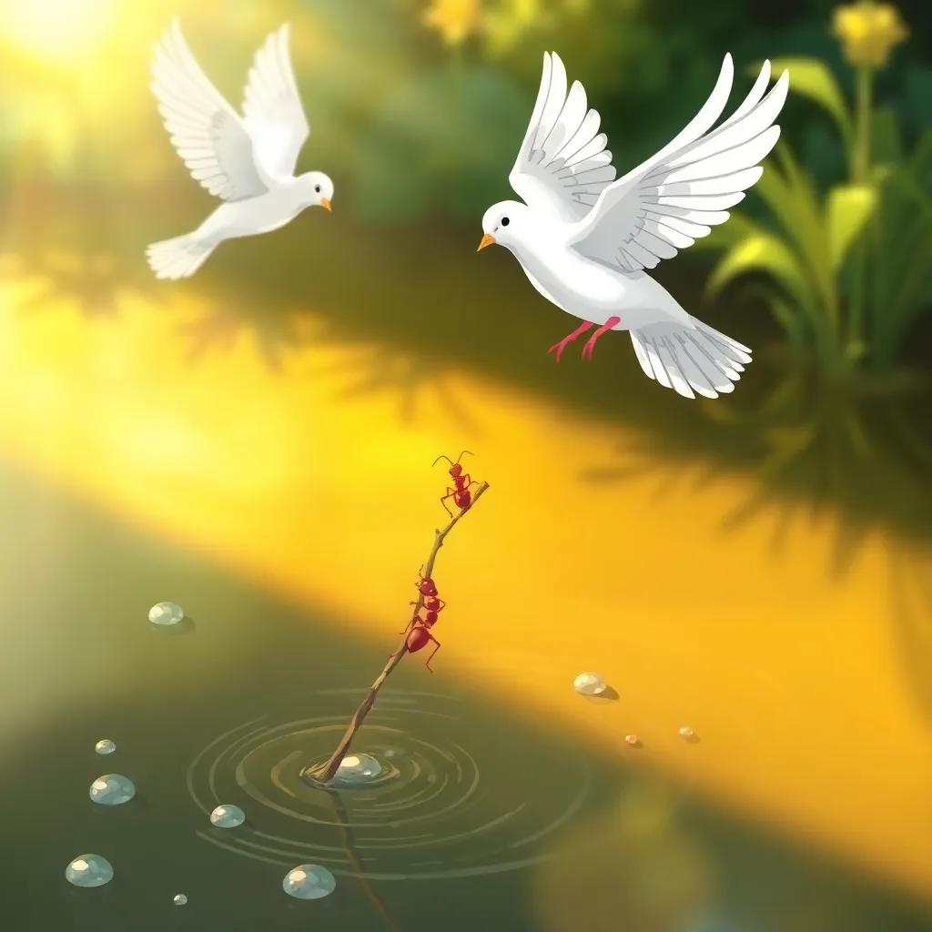 A small ant climbing a thin stick thrown by a white dove, with droplets of water glistening around in a serene pond, warm sunlight, uplifting mood, illustration, detailed