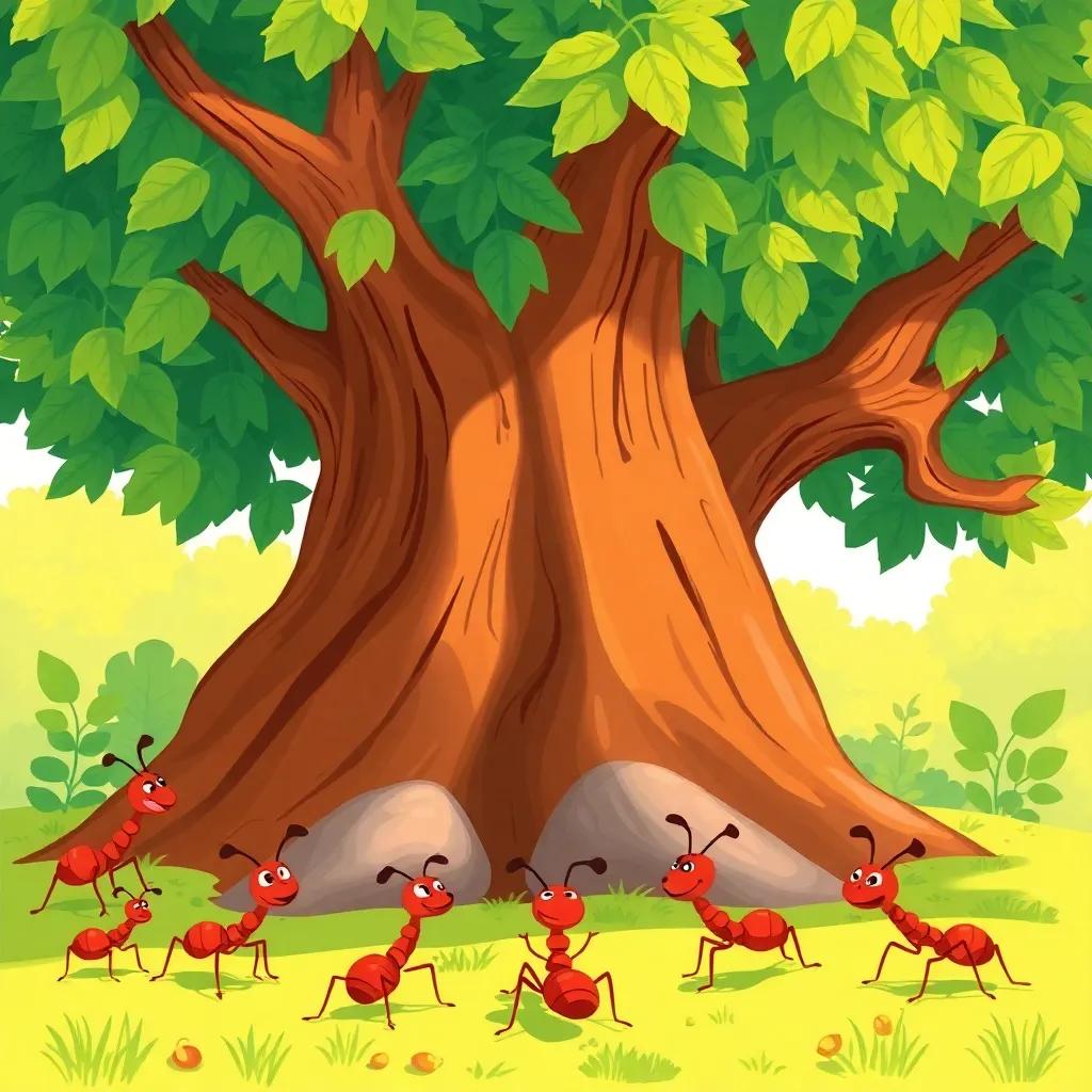 A group of ants gathering food under a big tree, illustration, bright and cheerful, vibrant colors, warm sunlight, joyful atmosphere, high quality