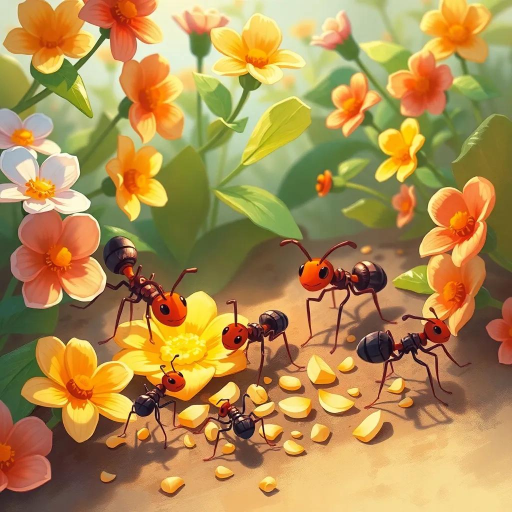 Ants exploring flowers and picking crumbs, digital painting, detailed and colorful, lively scene, soft shadows, happy teamwork, high quality