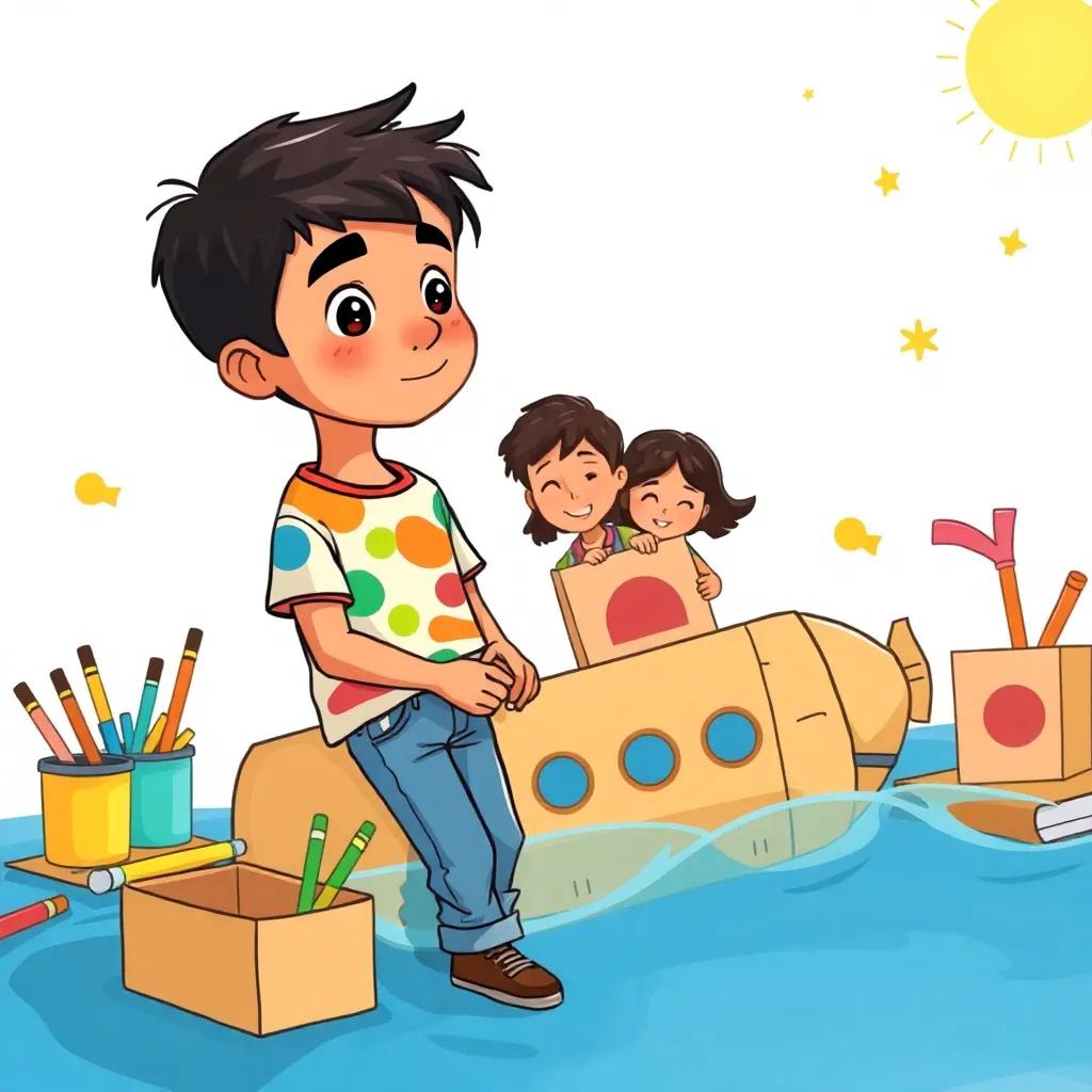 A young Arab boy, انس, with short dark hair, wearing a colorful t-shirt and jeans, building a cardboard submarine with friends, colorful art supplies around, bright sunny day, cheerful atmosphere, high quality