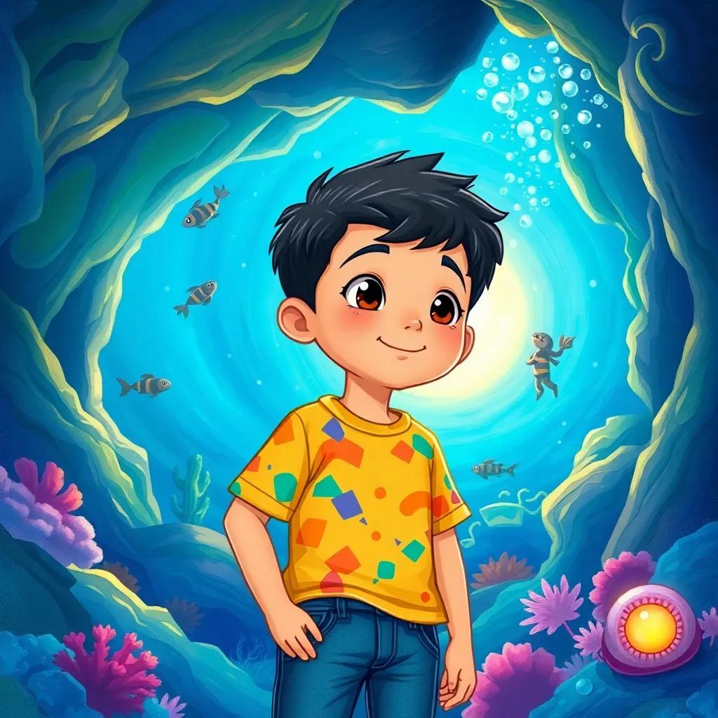 A young Arab boy, انس, with short dark hair in a colorful t-shirt and jeans, imagining diving underwater with friends, a magical cave filled with a glowing pearl, vibrant colors, enchanting scene, high detail