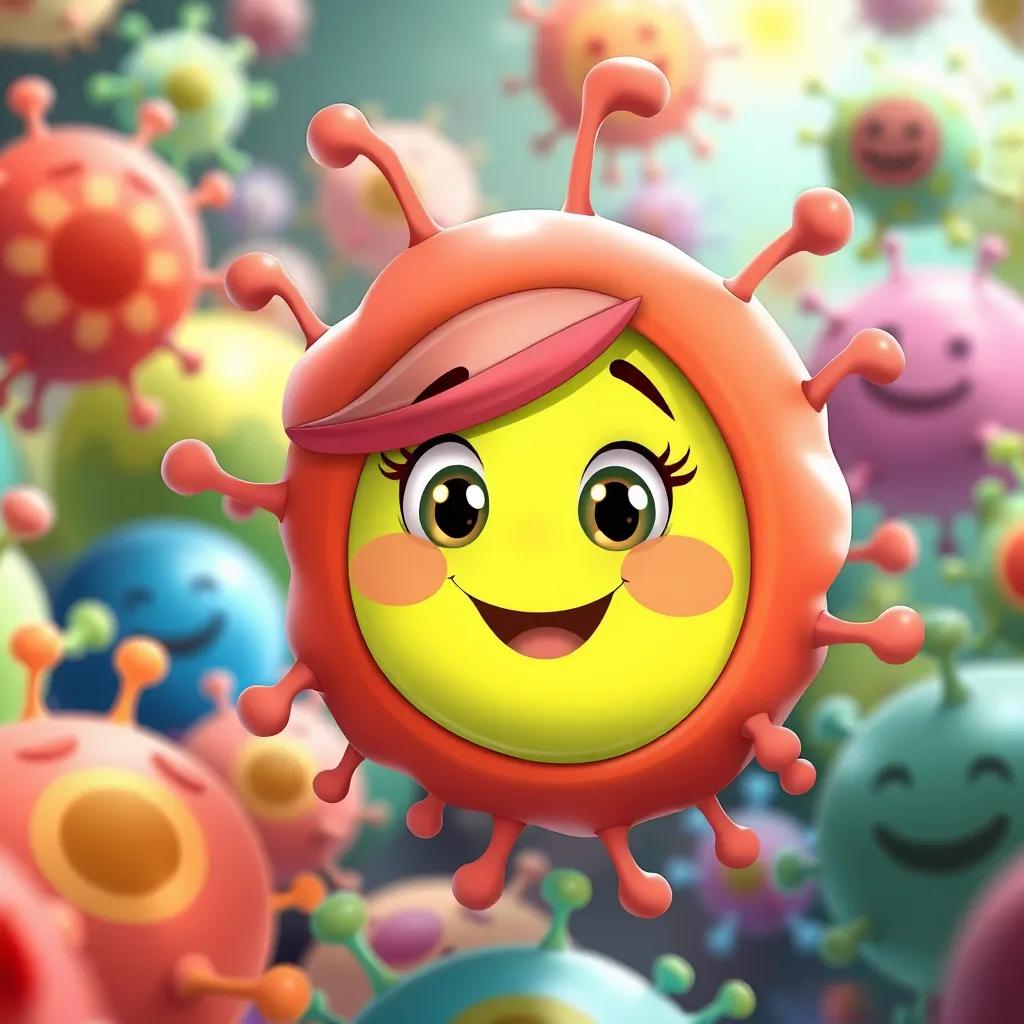 A happy cell named Sara, a cartoon-style illustration, with a bright smile and eyes, surrounded by colorful other cells, playful atmosphere, cheerful colors, high quality