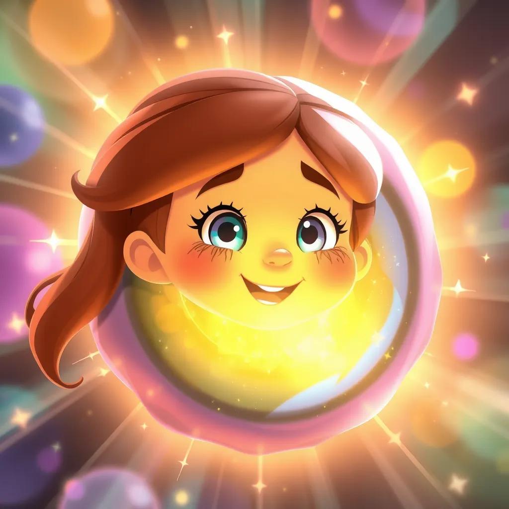 Sara the cell experiencing a change, cartoon style, glowing and enlarging, with sparkles around her, bright and magical light, vibrant colors, high quality