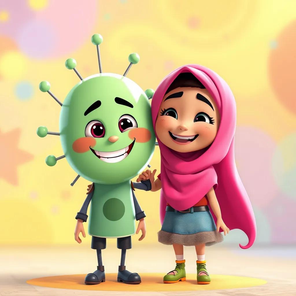 Sara and her new friend, a cell named Zain, both with big smiles, cartoon style, standing together with joyful expressions, colorful background, happy atmosphere, high quality