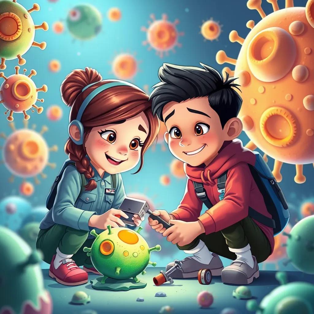 Sara and Zain helping other cells, cartoon style, working together with tiny tools, bright and engaging colors, sense of teamwork, high quality