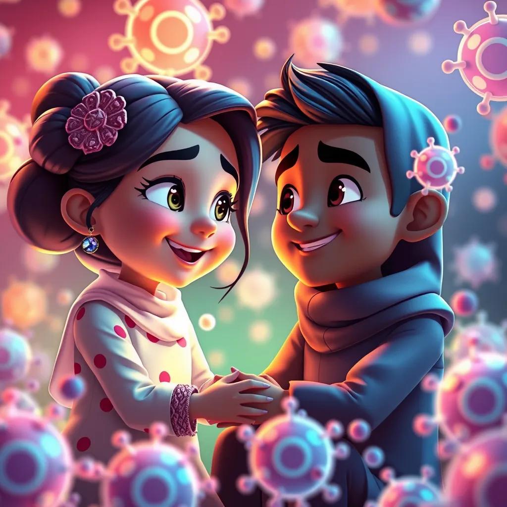 A scene of Sara and Zain becoming friends, cartoon style, surrounded by happy cells, colorful and warm light, togetherness, heartwarming atmosphere, high quality