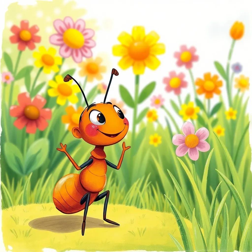 A small ant named Pascal, excited and determined, looking up at colorful flowers and green grass in a sunny garden, cheerful atmosphere, child-friendly art style, vibrant colors, inviting scene