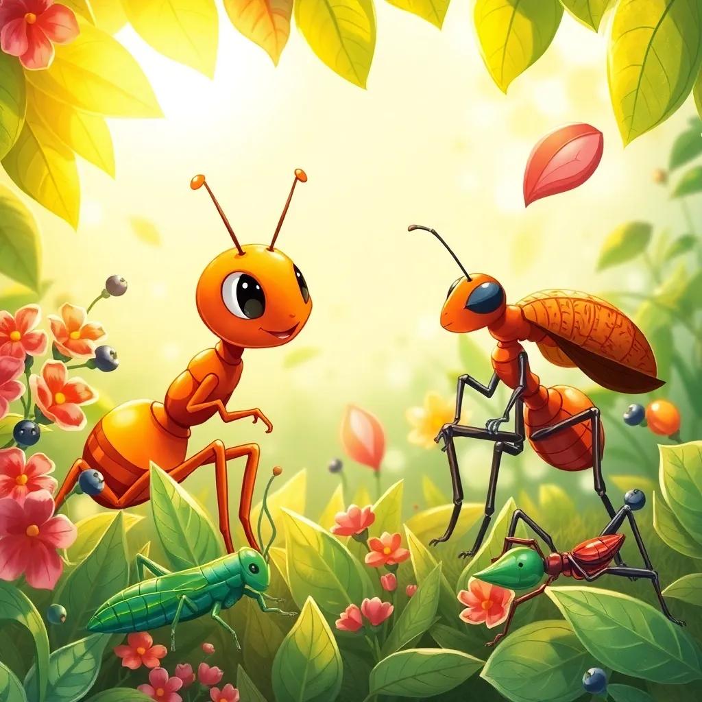 Pascal the ant talking to a honey ant and a soldier ant in the garden, surrounded by various insects like a grasshopper, bright sunlight filtering through leaves, colorful illustration, friendly interaction, warm colors