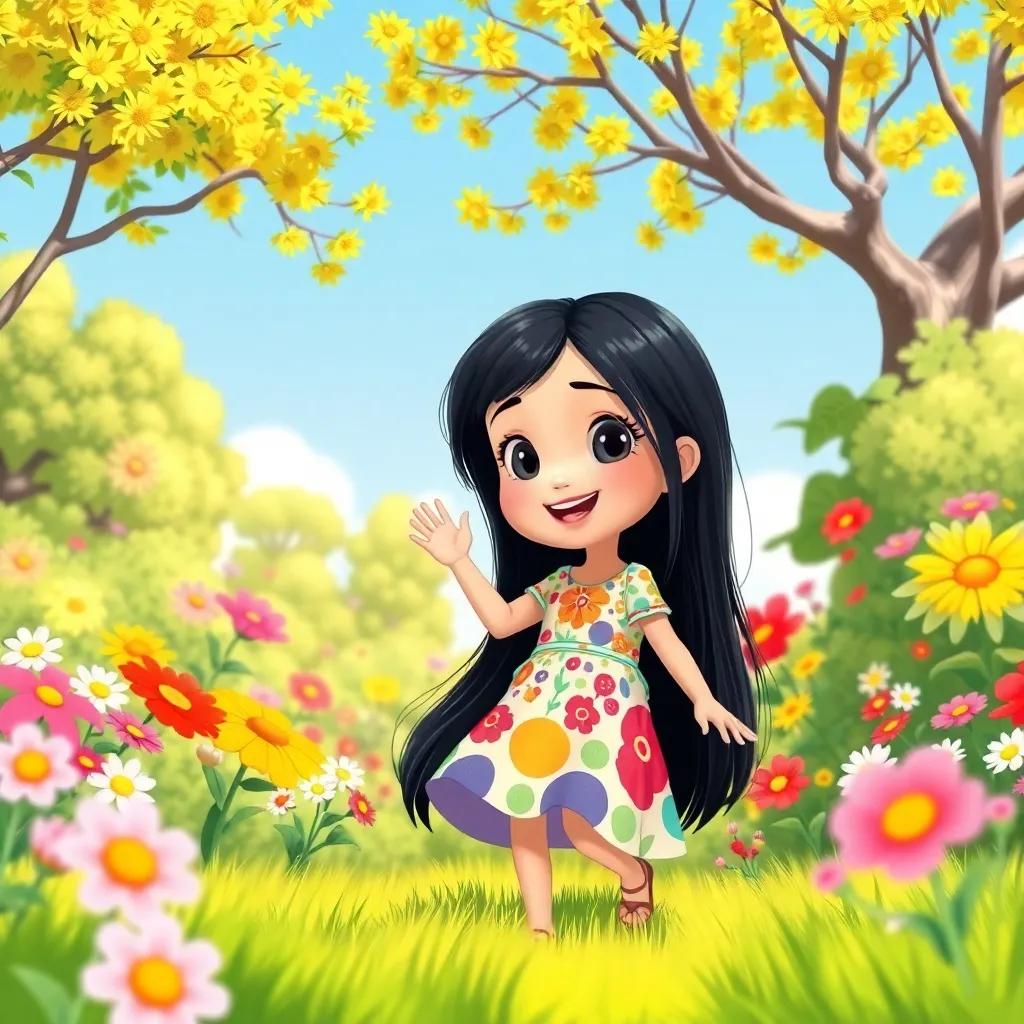 A young girl, Tala, with long black hair wearing a colorful dress, playing in a sunny garden filled with flowers and trees, bright sunny day, cheerful atmosphere, child-friendly illustration, vibrant colors