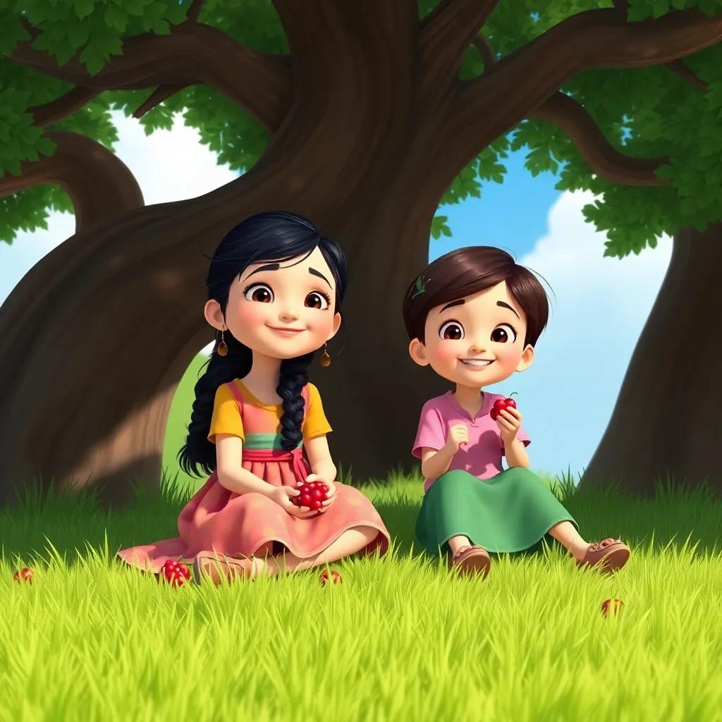 Tala, a young girl with long black hair in a colorful dress, sitting under a large tree with her friend, TINA, who has short brown hair wearing a pink shirt, holding delicious red berries, surrounded by green grass and blue sky, joyful and playful, digital art