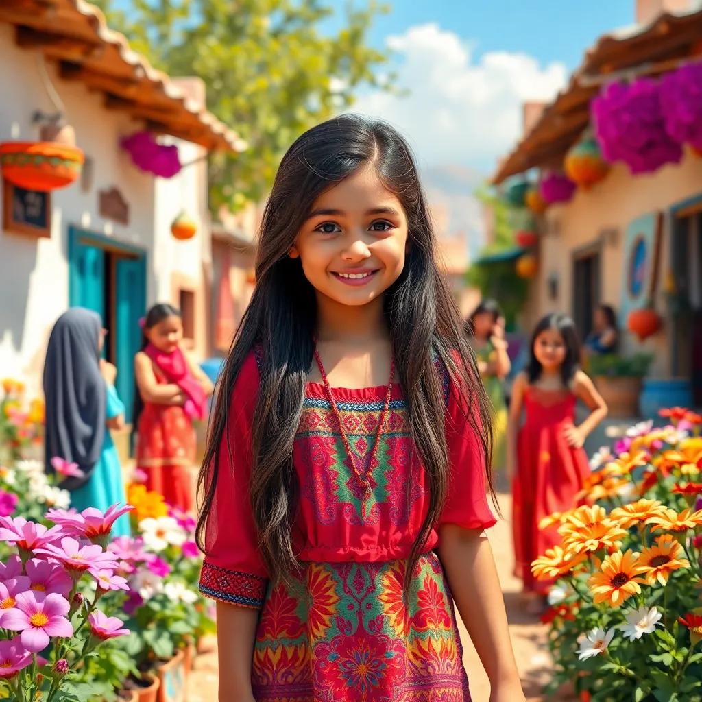 A young Arab girl, Taia, with long, dark hair wearing a colorful dress, playing with friends in a sunny village surrounded by flowers, cheerful atmosphere, digital art, vibrant colors, inviting scene, high quality