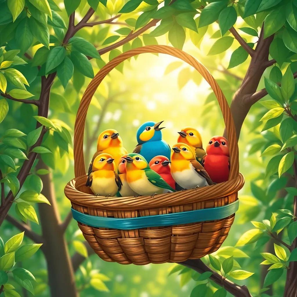 A colorful basket filled with small birds, perched in lush green trees, singing sweet melodies, bright sunlight filtering through the leaves, illustration, cheerful, nature-themed, child-friendly