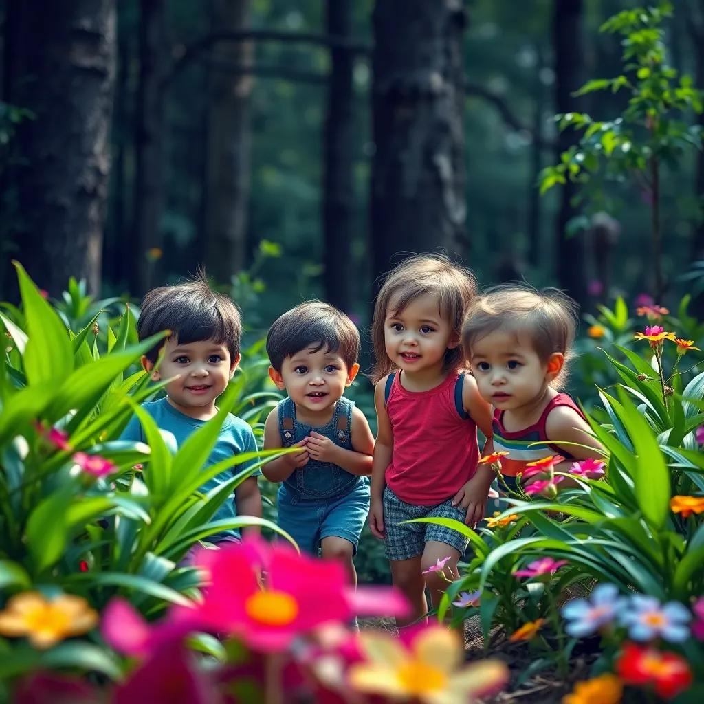 A small group of children curiously approaching a mysterious noise in the forest, with bright green plants and colorful flowers around them, curious expressions, vibrant, adventure-themed, joyful atmosphere