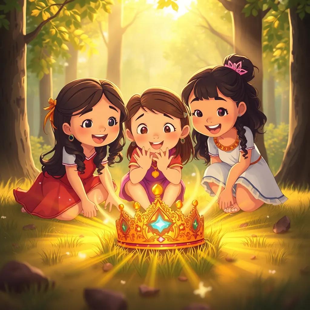 Taia and her friends discovering a sparkling crown on the ground, golden rays shining, surrounded by trees, excitement in their faces, illustration, whimsical style, child-friendly