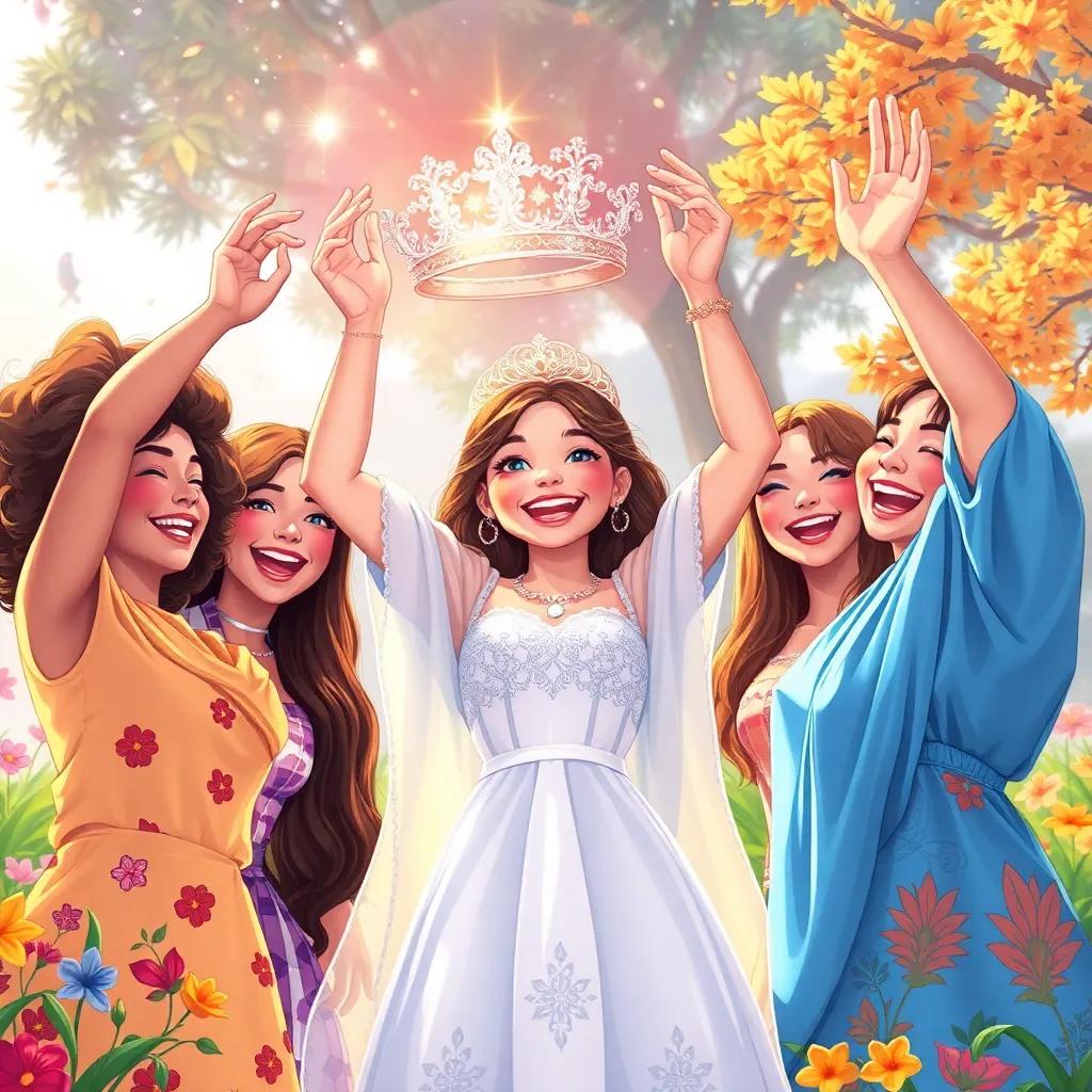 Taia and her friends joyfully lifting the sparkling crown, sunlight reflecting off it, with smiles and laughter, colorful nature around, illustration, joyful, magical vibe, high quality