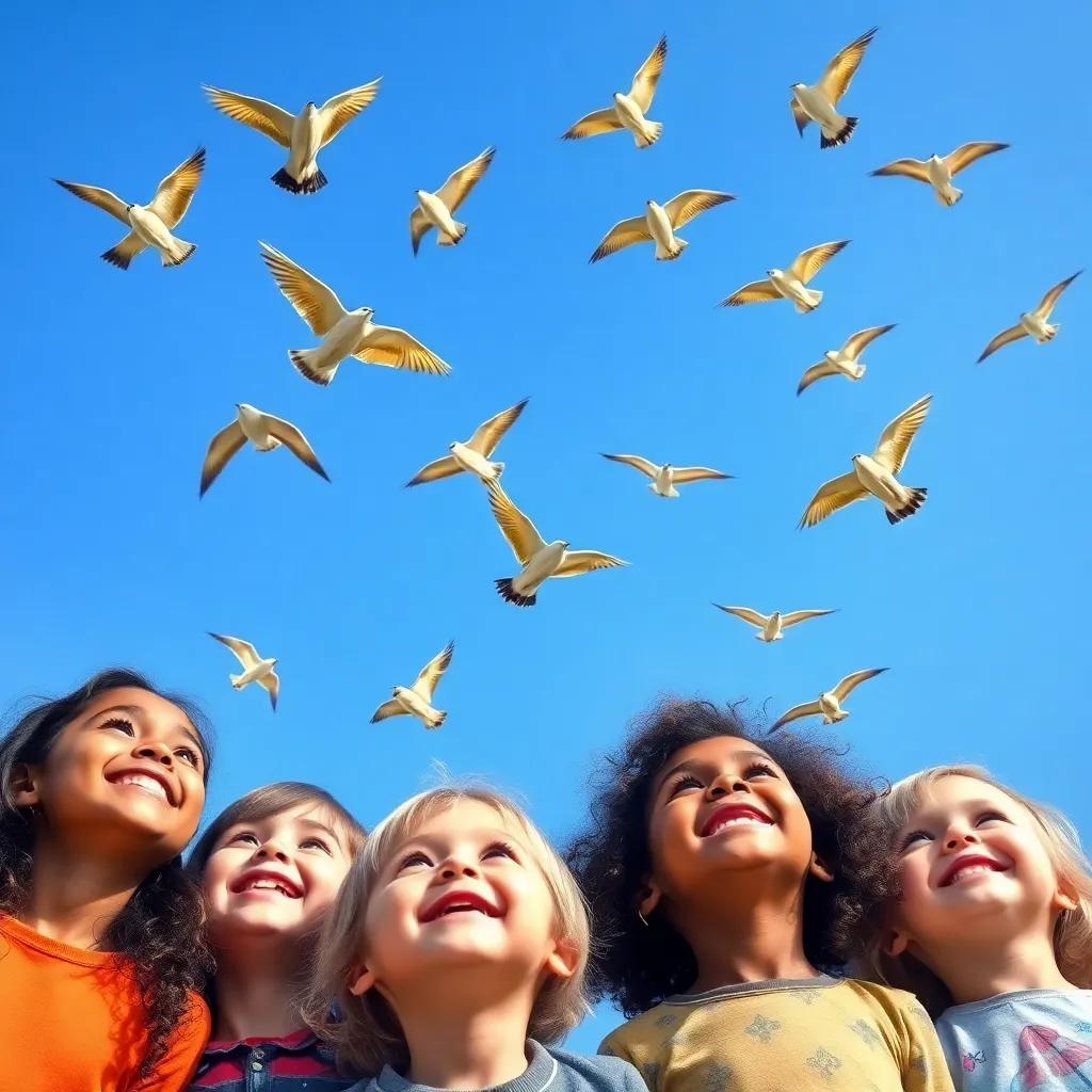 A group of children looking up at the sky as colorful birds soar above them, happy faces and bright blue sky, cheerful atmosphere, vibrant colors, playful feel