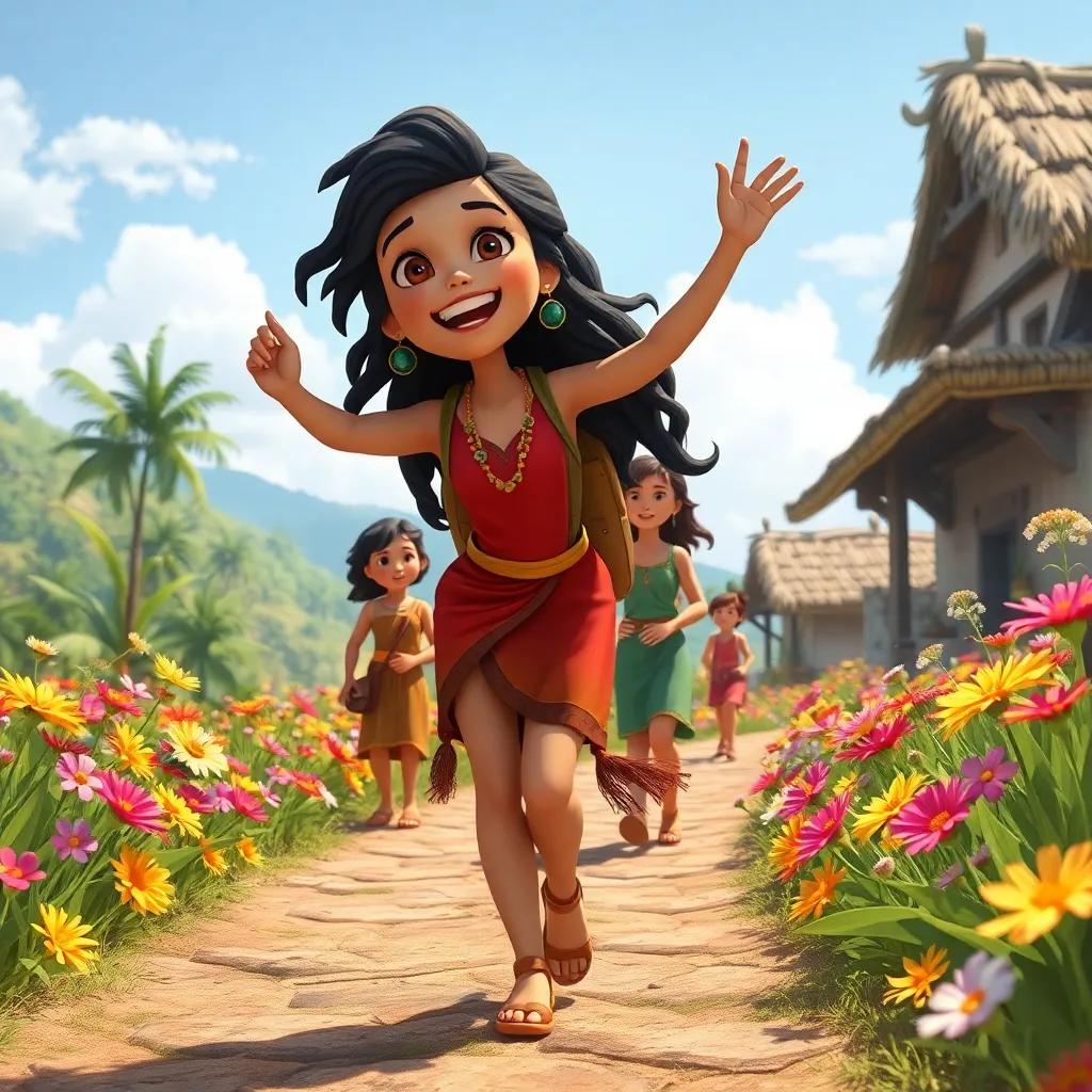 A scene of Taia happily leading her friends back to the village, with excitement on their faces, colorful flowers lining the path, sunny day, illustration, vibrant and warm colors, inviting
