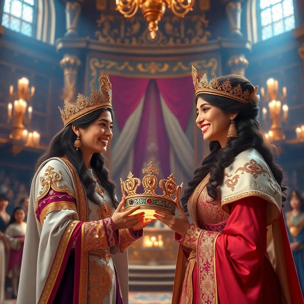 Taia presenting the sparkling crown to the queen in a grand hall, with golden decorations and cheerful expressions, magical atmosphere, storybook style, high quality