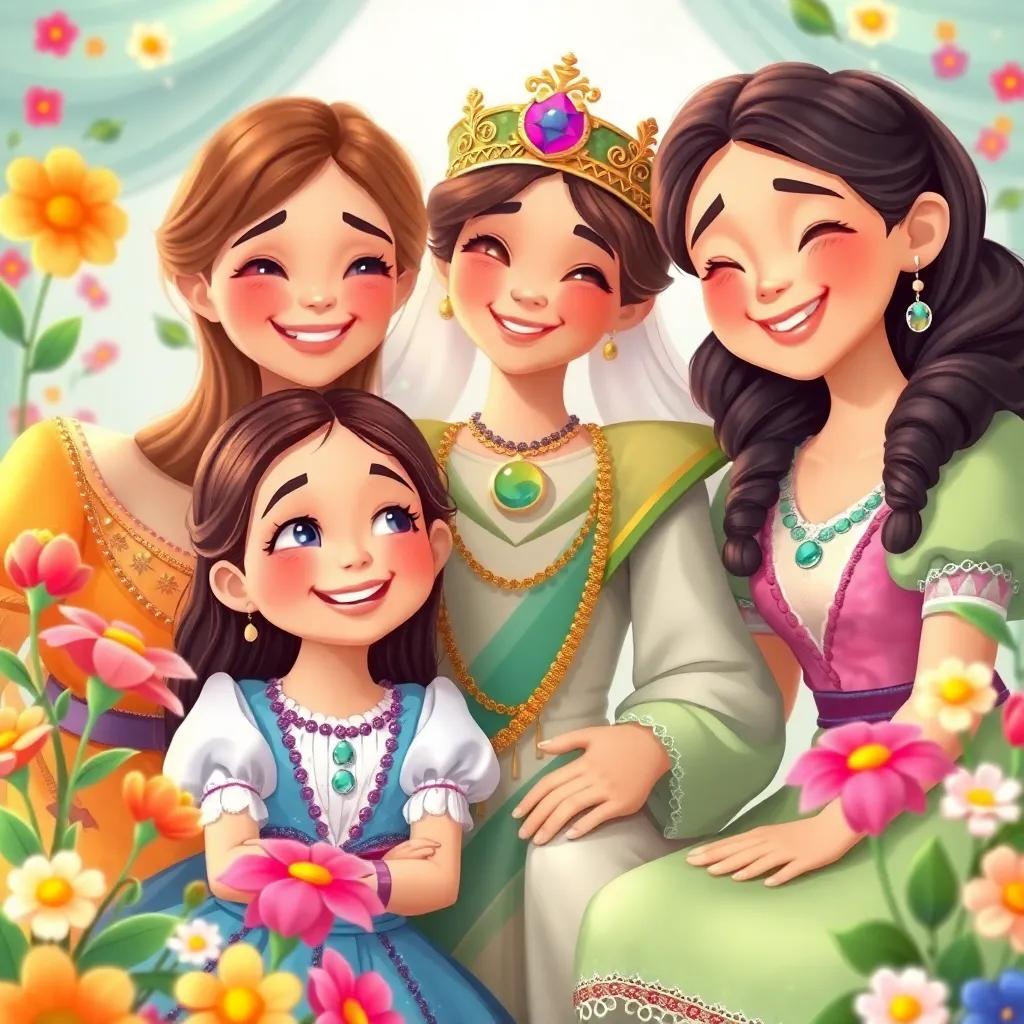 Taia and her friends with the queen, happiness and joy evident on their faces, surrounded by flowers and colorful decor, heartwarming scene, illustration, uplifting and vibrant, child-friendly