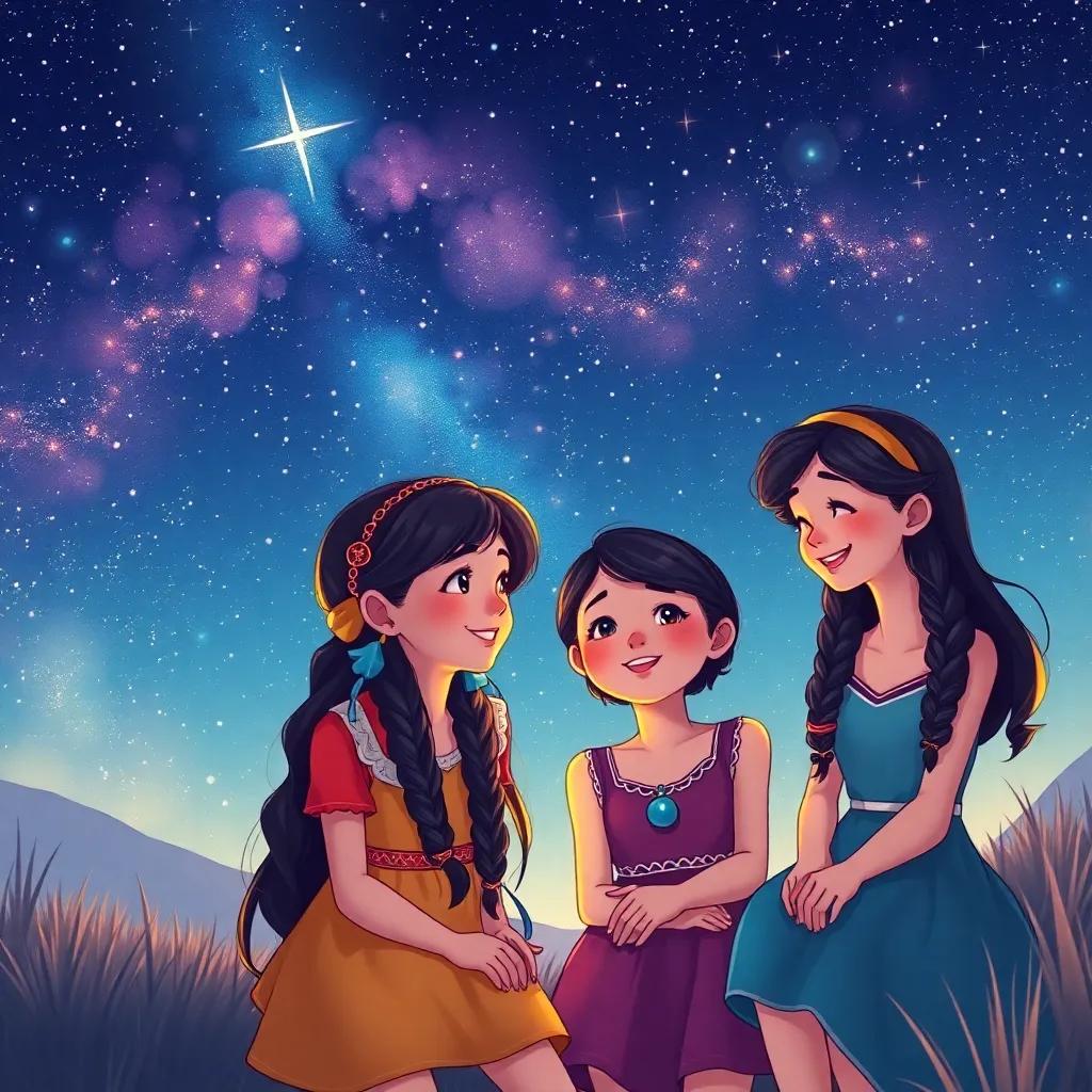 A beautiful scene of Taia and her friends reflecting on their adventure under a starry sky, smiling and laughing together, vibrant colors, warm feelings, illustration, magical, whimsical vibe
