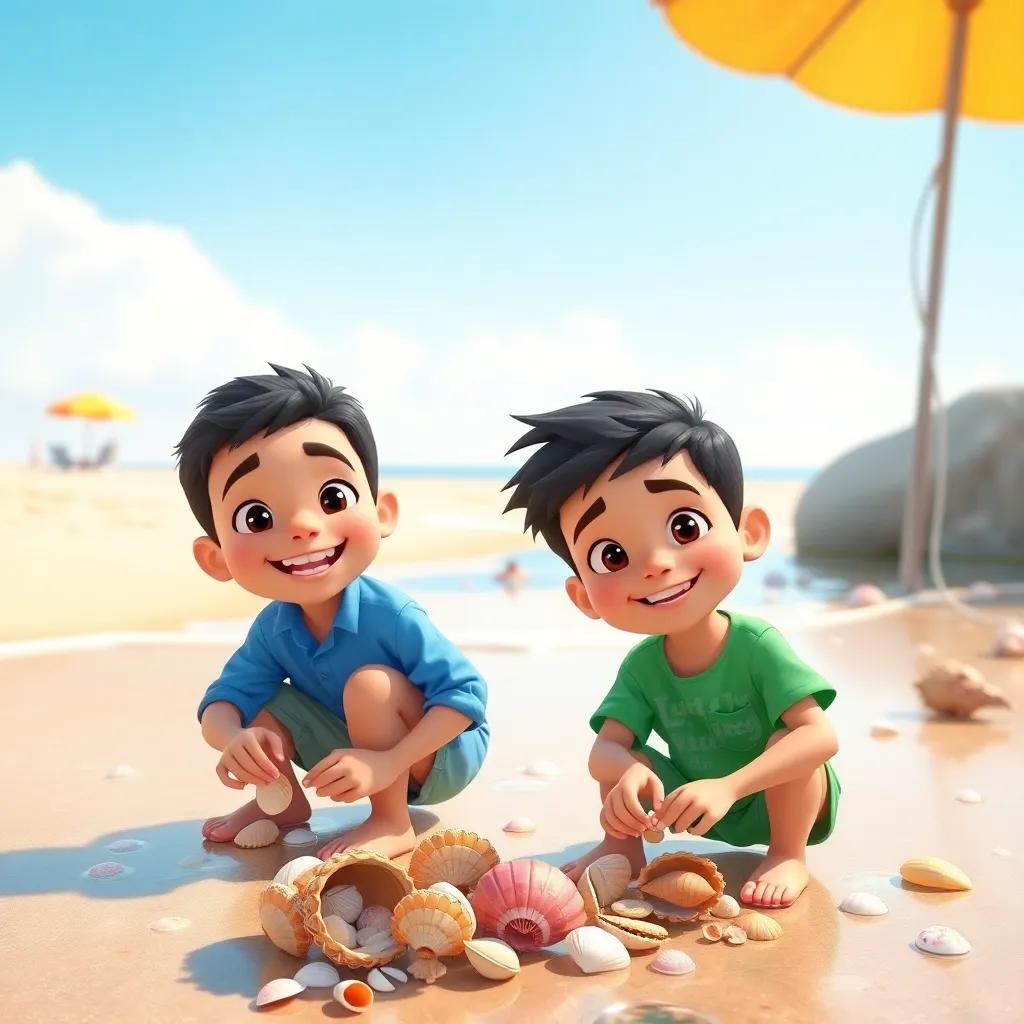 A sunny beach scene showing two boys, Ali and Karim, both Arab boys, with cheerful expressions, one wearing a blue shirt and the other wearing a green t-shirt, collecting seashells and playing by the shore, vibrant colors, bright sunlight, child-friendly, playful atmosphere