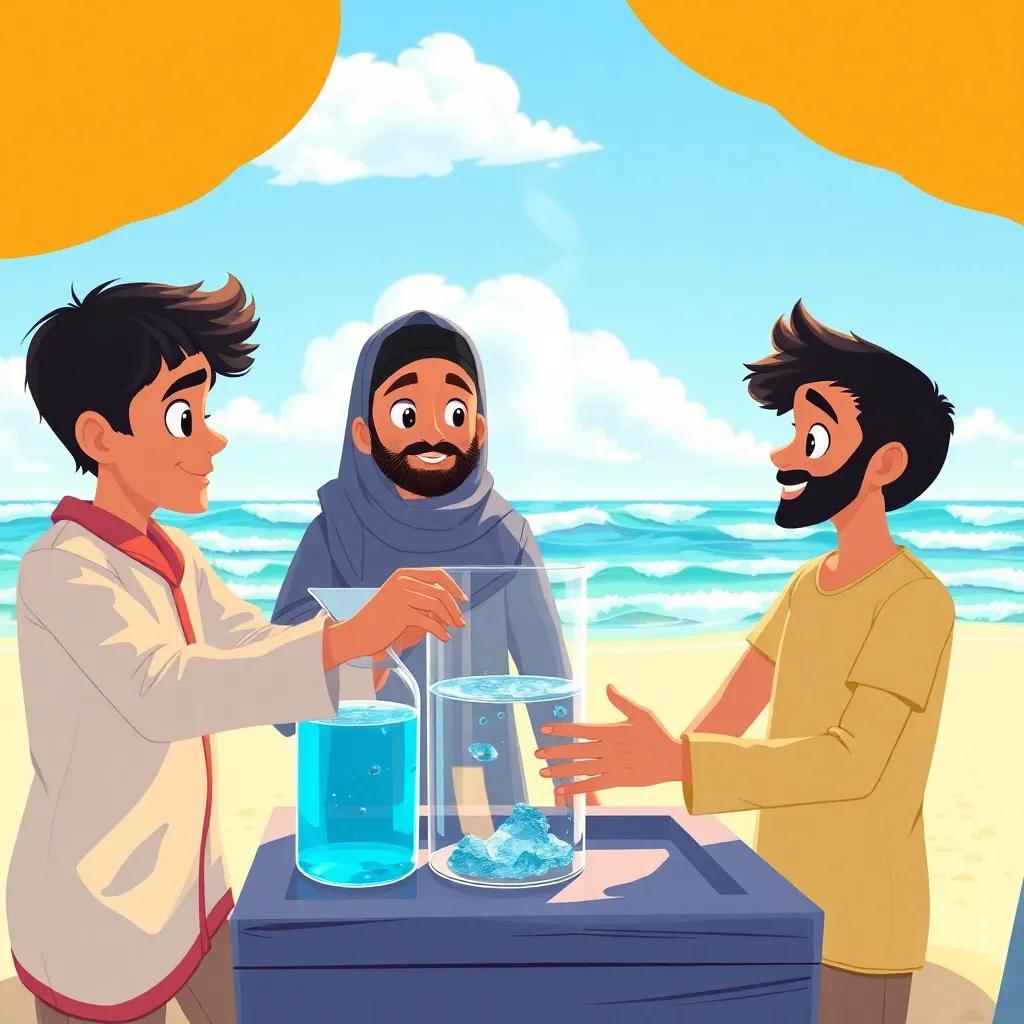 Ali and Karim experimenting with solar water distillation at the beach, using a glass container filled with seawater, looking curious and excited, a scenic background with waves and a clear blue sky, colorful illustration, inviting environment, educational vibe.