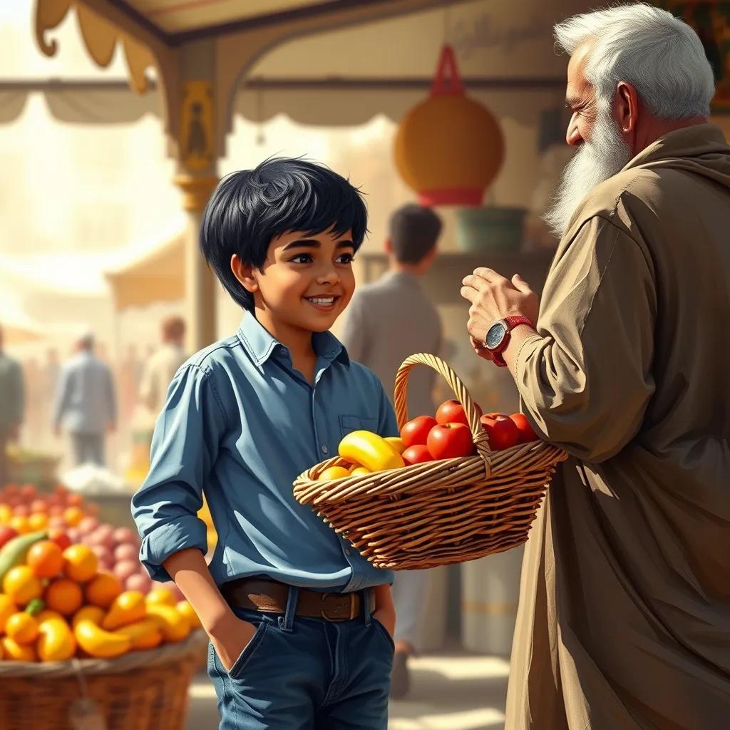 A young Arab boy, Sami, with short black hair, wearing a blue shirt and jeans, holding a basket of fruit, talking to an older man, warm sunny day, market background, digital art, vibrant, friendly atmosphere, high quality