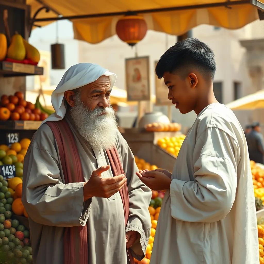 An older man, Uncle Jasem, with a grey beard, wearing a traditional white thobe, standing in front of a fruit stall, explaining rounding numbers to a young boy, sunny market, colorful fruits, cheerful scene, high quality