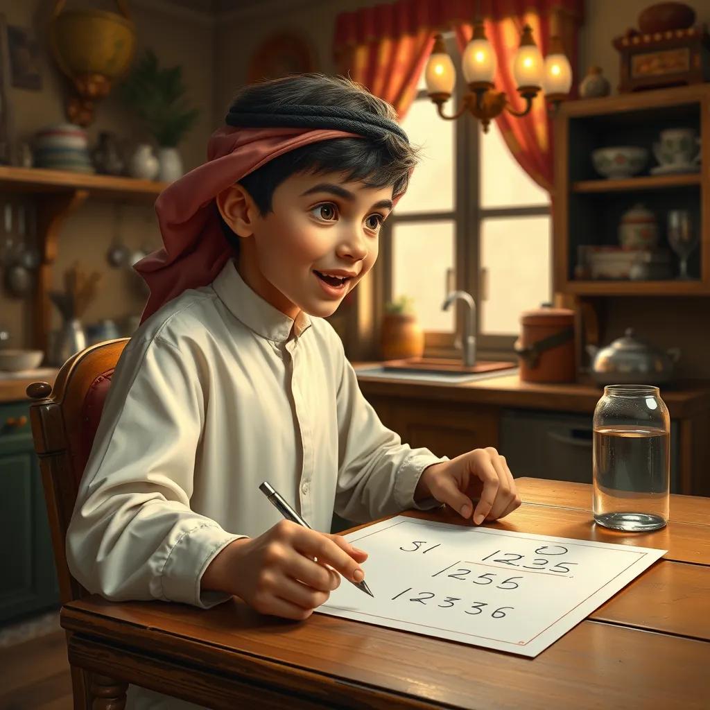 Sami, a young Arab boy, sitting at a table with numbers written on paper, looking excited while solving a rounding problem, in a cozy kitchen, warm light, cheerful atmosphere, digital art, high quality
