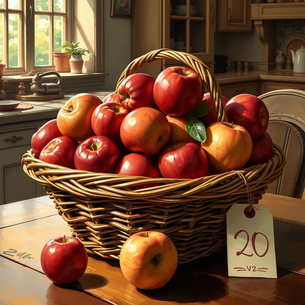 A basket of red apples, with a tag reading '20' next to it, on a wooden table, with a sunny kitchen background, inviting and warm colors, digital art, high quality