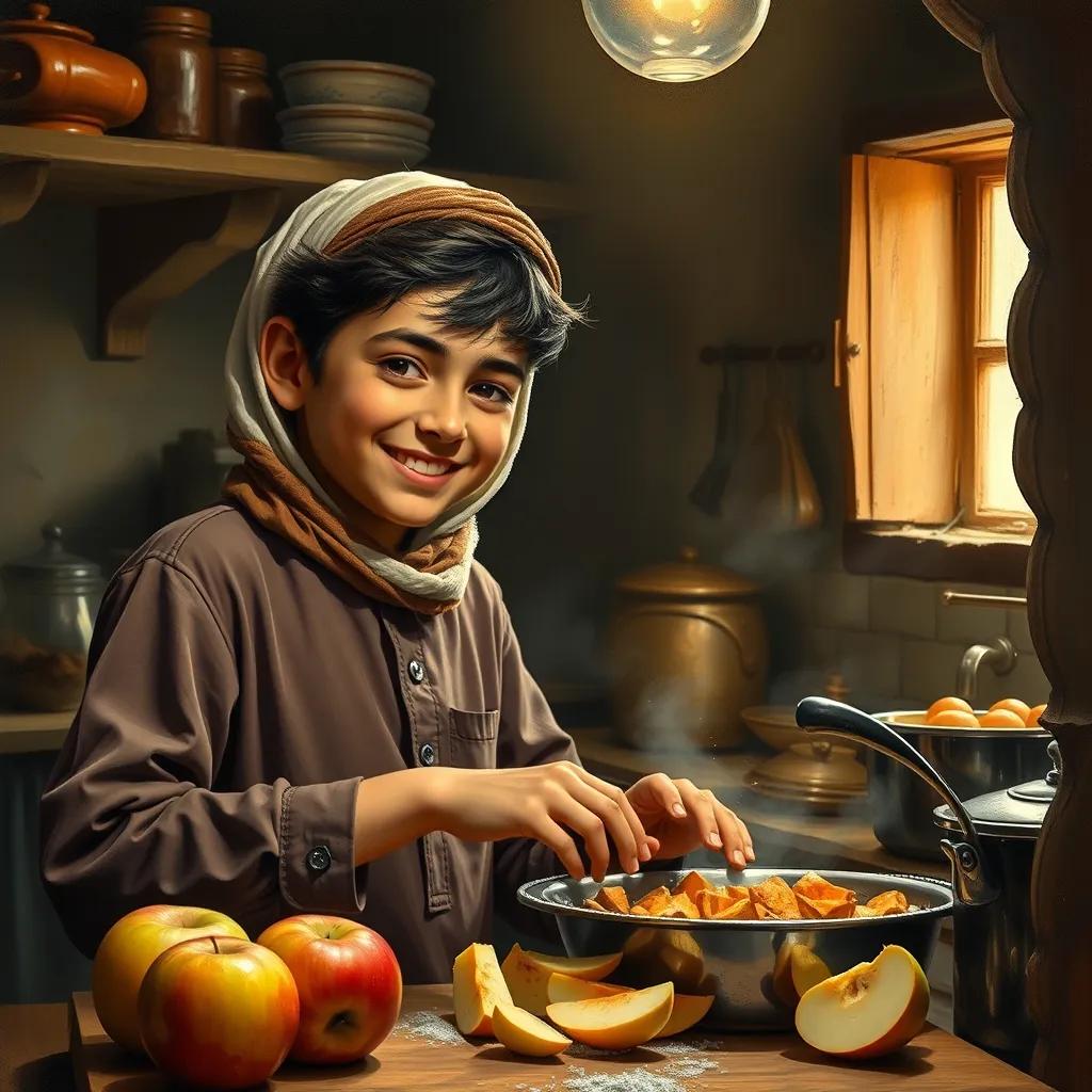 Sami, a young Arab boy, with a big smile, helping his mother in the kitchen, as she prepares food with apples, cozy atmosphere, warm and inviting light, high quality