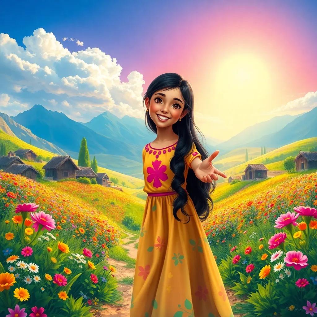 A beautiful valley in a small village with colorful flowers, a happy Arab girl, Tanitetabdhahmaknah, with dark hair wearing a bright dress, smiling and inviting her friends. The sun is shining bright, cheerful atmosphere, digital art, vibrant colors, detailed, welcoming landscape, high quality