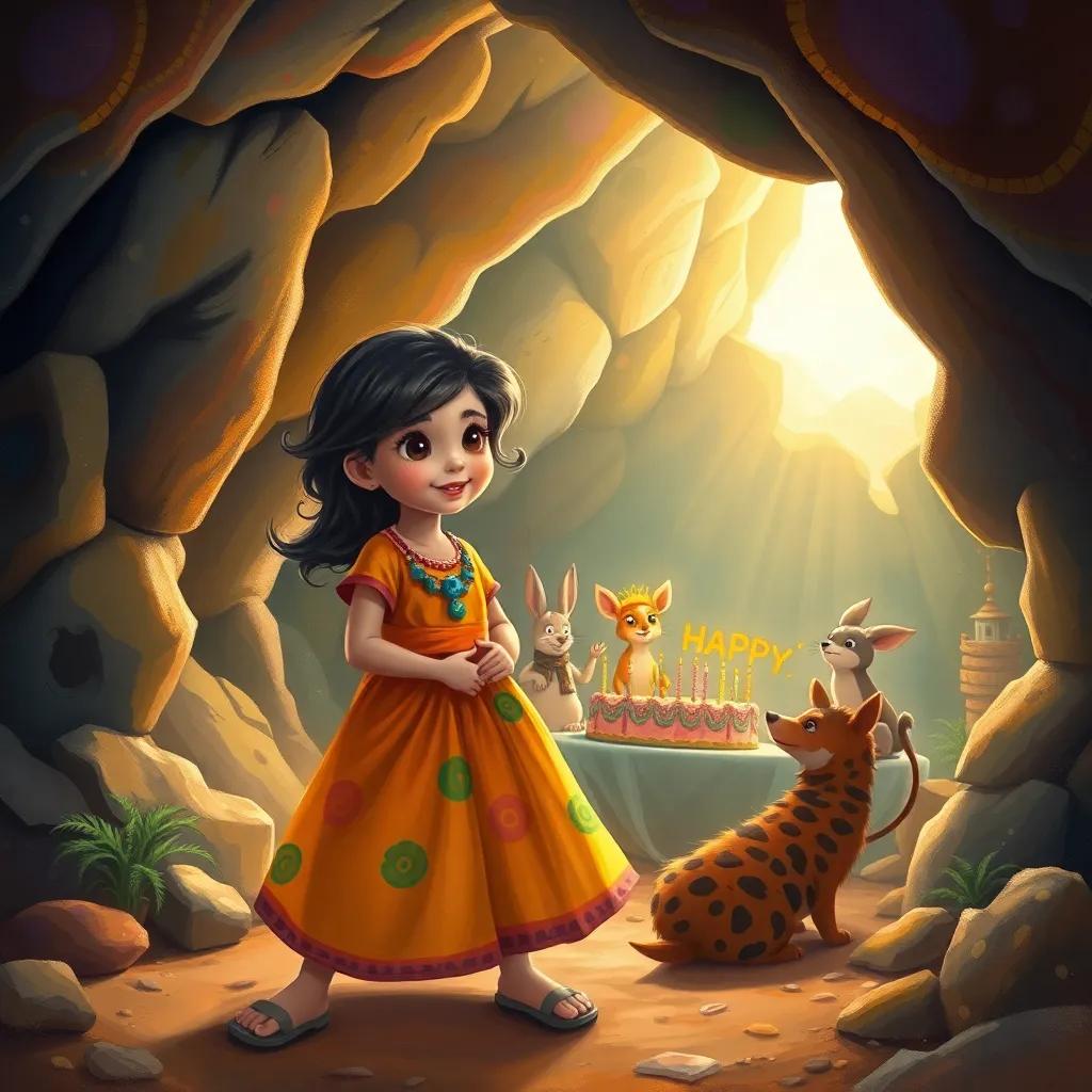 Tanitetabdhahmaknah, a young Arab girl with dark hair wearing a bright dress, exploring a mysterious cave with her friends, playful animals inside the cave celebrate a birthday party, warm light, exciting atmosphere, colorful, cheerful, high quality